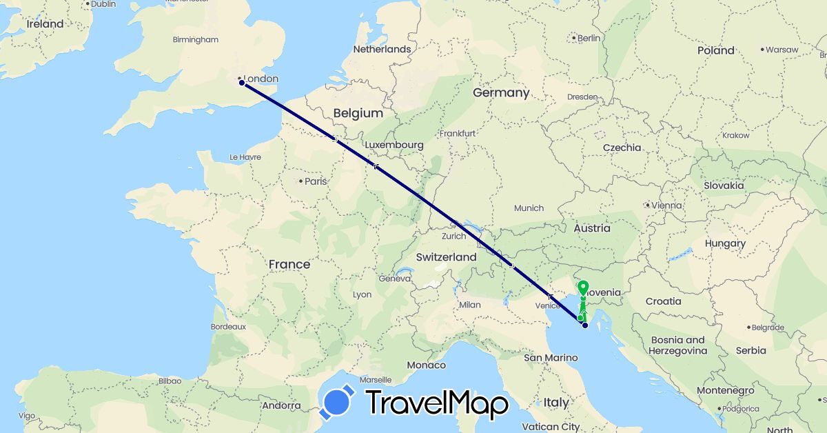 TravelMap itinerary: driving, bus, plane in United Kingdom, Croatia, Italy (Europe)